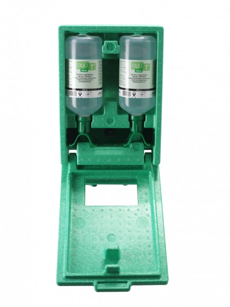 PLUM Augenspülstation DUO in staubdichter Wandbox mit 2 x 1000 ml Flaschen Plum Augenspüllösung Duo