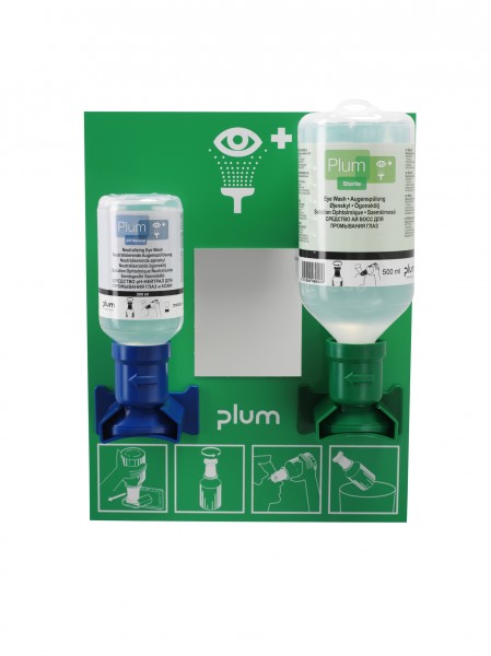 PLUM Augen-Notfallstation offen mit 1 x 200 ml pH-Neutral und 1 x 500 ml Flasche Plum Spüllösung