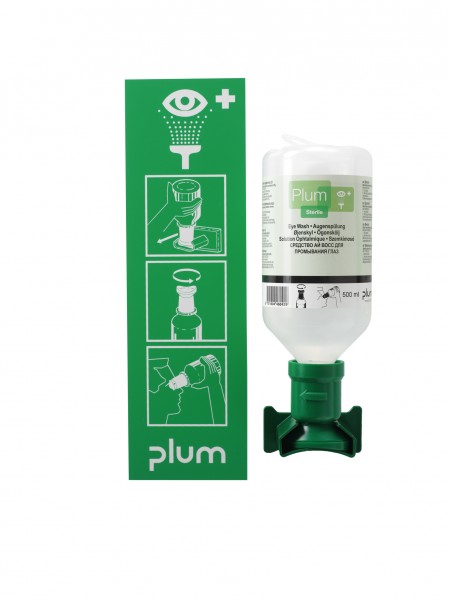 PLUM Augenspülstation mit 1 x 500 ml Flasche, Wandhalter und Piktogramm