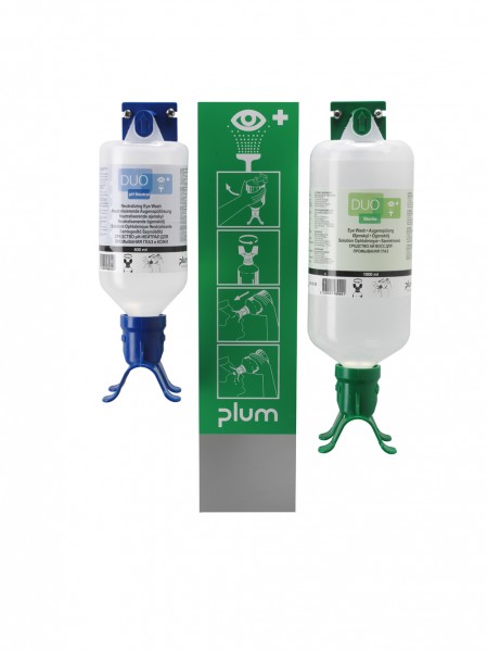 PLUM Augen-Notfallstation DUO offen mit 1 x 1000 ml Flasche DUO und 1 x 500 ml Flasche pH-Neutral