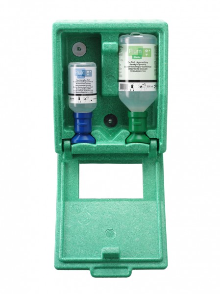 PLUM Augen-Notfallstation in Wandbox mit 1 x 200 ml pH-Neutral und 1 x 500 ml Flasche Plum Spüllösun